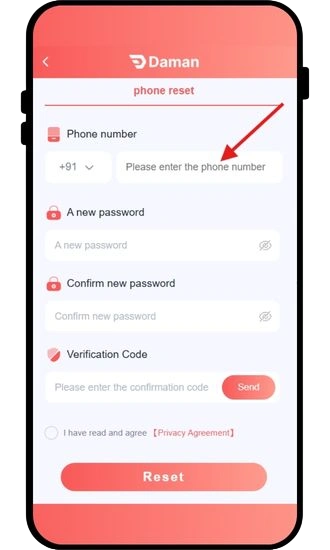 enter mobile number to reset password